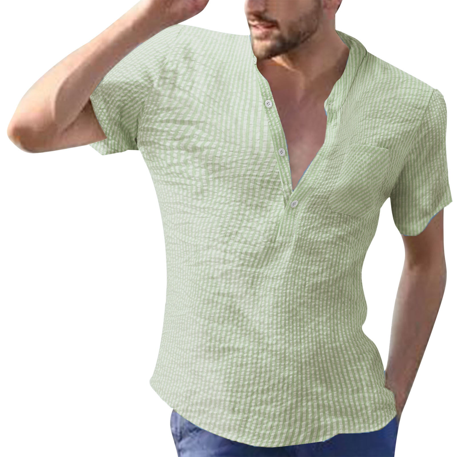 Aayomet Shirts For Men Men Fashion Casual Top Shirt Linen Striped Collar  Pocket Short Sleeves Shirt Plus Size Shirts Green,L 