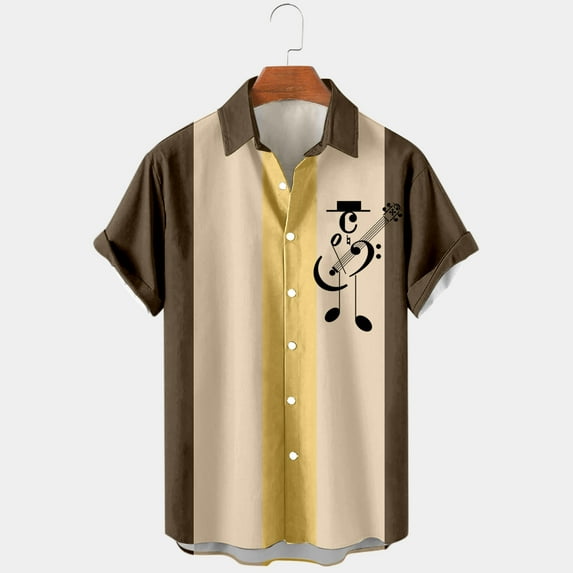 Aayomet Short Sleeve Button Up Shirts For Men Male Summer Hawaii Casual Loose Music Print Shirt Turn Down Collar Shirt Yellow,L