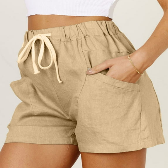 Aayomet Shorts For Women Women Cotton Linen Long Lounge Pants High Waist Drawstring Loose Fit Flowy Shorts For Women Beige,XL