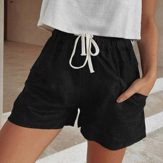 Aayomet Shorts For Women Women Cotton Linen Long Lounge Pants High Waist Drawstring Loose Fit Flowy Shorts For Women Black,XXL