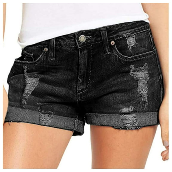 Aayomet Shorts For Women Women's Jean Shorts Frayed Raw Hem Ripped Denim Shorts for Women Black,L