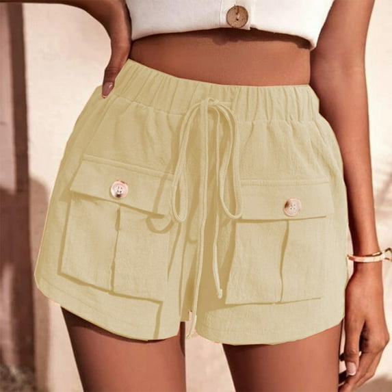 Aayomet Shorts For Women Women's Linen Shorts Casual Elastic Waist Rope Drawstring With Lounge Shorts For Women Beige,XL