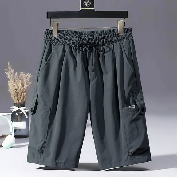 Aayomet Shorts Men Solid Daily Pants Casual Shorts Men's Knee Drawstring Length Pocket Cargo Button Men's pants,Large Blue