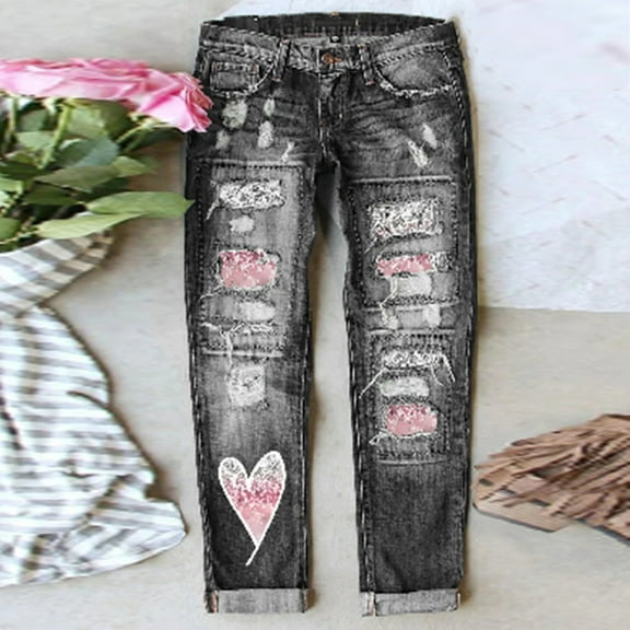 Aayomet Size 20 Pants Women Women's Autumn And Winter Valentine's Day Jeans Printed Hole Thickened Trousers Features:,Pink XXL