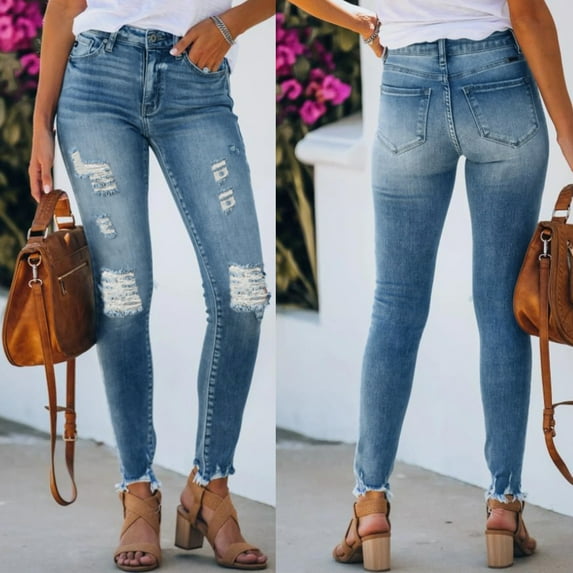 Aayomet Skinny Jeans For Women Women's Ripped Boyfriend Slim Fit Jeans Frayed Distressed Stretchy Denim Pants,Blue M