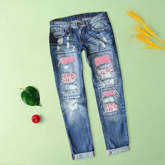 Aayomet Slim Fit Pants Women Womens Denim Pants Ripped Jeans Casual Loose Trousers Heart Print Distressed Stretch Jeans Slim,Blue XL