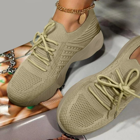 Aayomet Slip on Sneakers Women Ladies Fashion Solid Color Mesh Breathable Round Toe Lace Up Low Top Flat,Khaki 6.5