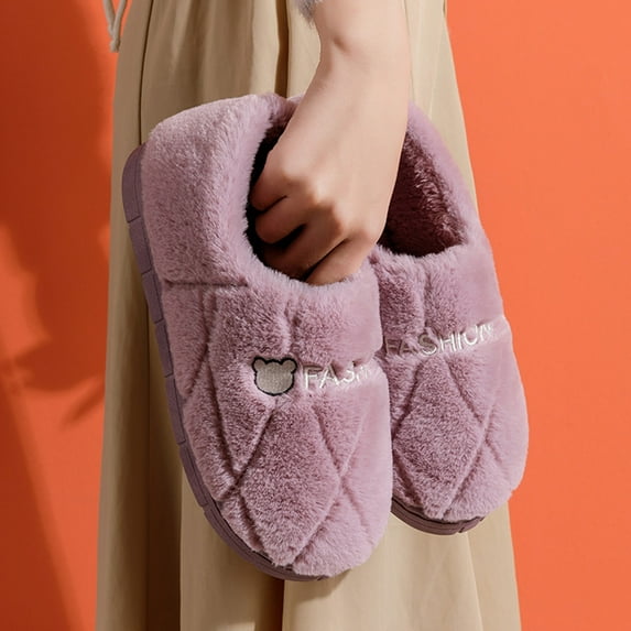 Aayomet Slippers for Women Slip On Home Baotou Plush Soft Bottom Comfortable Solid Color Flat Cotton Slipper (Purple, 7.5)