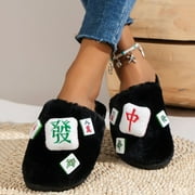 Aayomet Slippers for Women Slip On Mahjong Decorated Closed Toe Flat Casual Cotton Slippers (Black, 7)