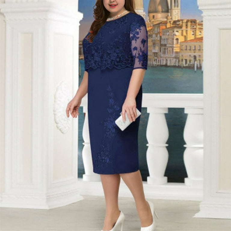 Women Plus Size Elegant Formal Dress Vintage Short Midi Dress