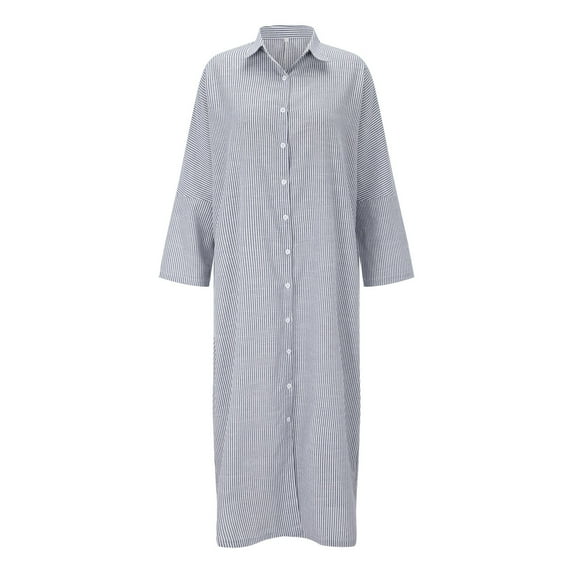 Aayomet Spring Dress Women Stripe Cotton And Linen Shirt Dress Casual Loose Maxi Dresses,Gray L
