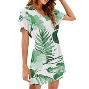 AAYOMET Summer Dress Women Casual Swim Cover Up V Neck Summer Beachwear Coverups Flowy Short Flower Girl Dress Green,M
