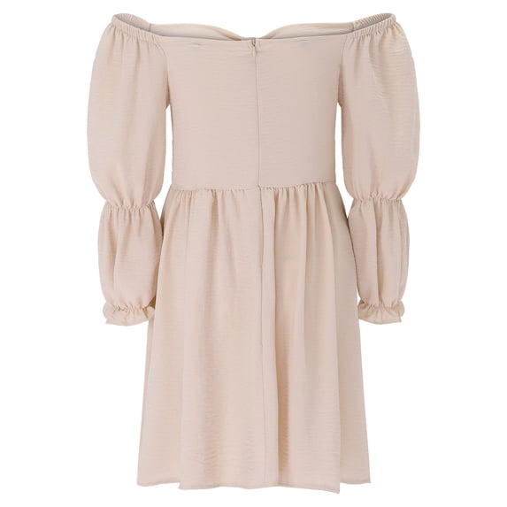Aayomet Summer Dress Women's Casual Off The Shoulder Flowy Mini Dresses with Puff Sleeves Summer Beach Sundress,Beige M