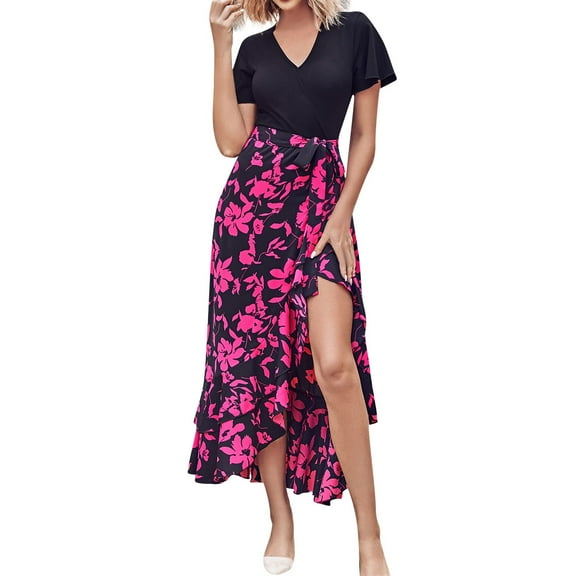 Aayomet Summer Dresses For Women Women Fashion Long Dresses Short Sleeve V Neck Boho Floral Print Tie Waist High Low Ruffle,Hot Pink XXL