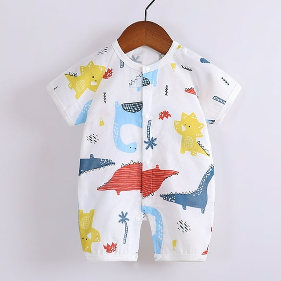 Aayomet Summer Outfit Baby Girls Boys Cotton Linen Button Cartoon Dinosaur Footless Zipper Pajamas Baby Boy,White 6-9 Months