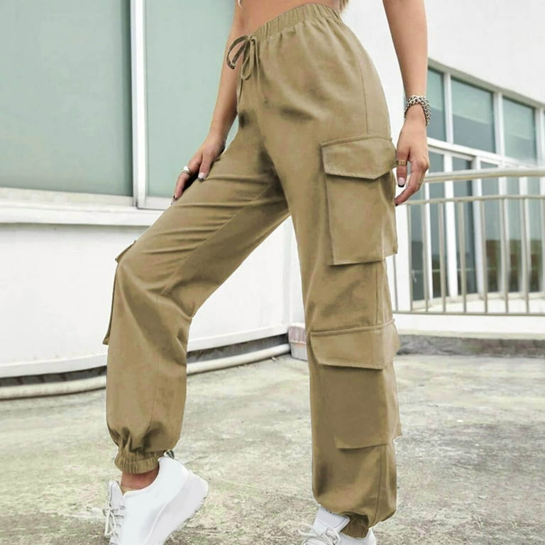 Aayomet Summer Pants Women Women's High Street Hop Women's Trousers Multi  Pocket Loose Womens Elastic Waist Dress Pants,Khaki M