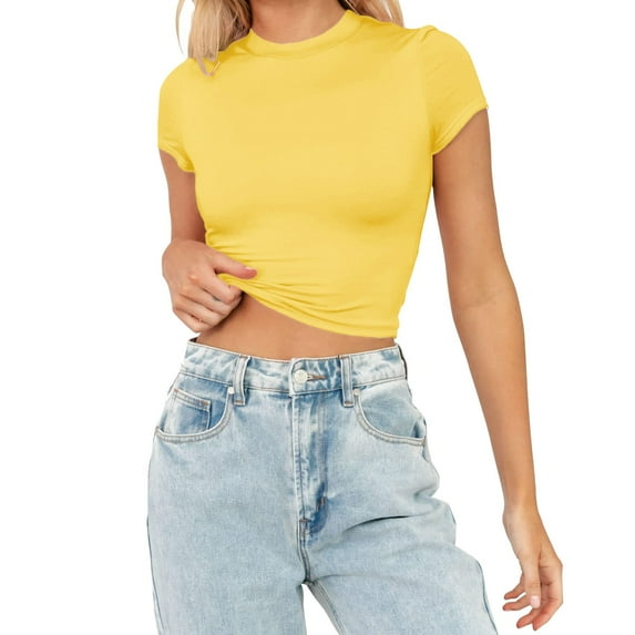 Aayomet Summer Tops For Women Women's Casual Short Sleeve Round Neck Slim Fit Tee T Shirt Tops,Yellow XL