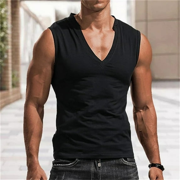 Aayomet Summer Tops Men's Solid V Neck Tank Top Casual Breathable Sleeveless T Shirt,Black X-Large