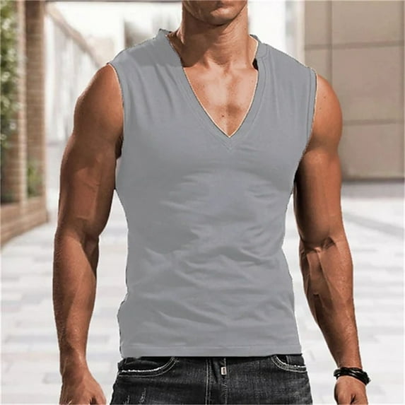 Aayomet Summer Tops Men's Solid V Neck Tank Top Casual Breathable Sleeveless T Shirt,Gray Large