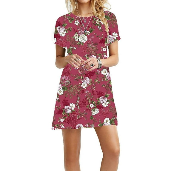 Aayomet Sun Dresses For Women 2023 Women Summer Short Sleeved Crew Neck Loose Tee Shirt Dress Casual Printing Dress Features:,Red XXL