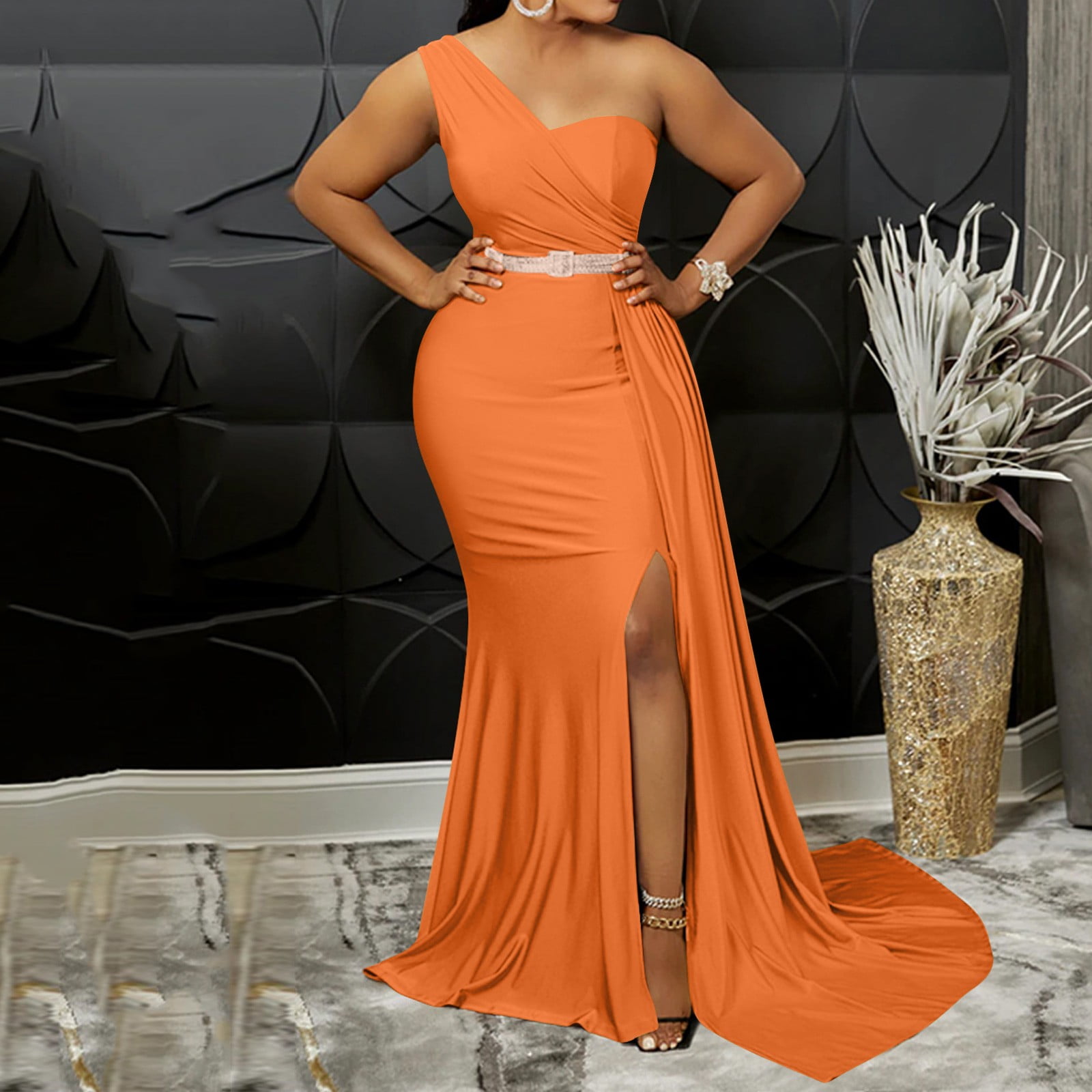 Elegant Orange Satin One Shoulder Sleeveless Mermaid Long Prom Dresses With Decoration,SFPD0398 Elegant Orange Satin One Shoulder Sleeveless Mermaid Long Prom Dresses With Decoration,SFPD0398
