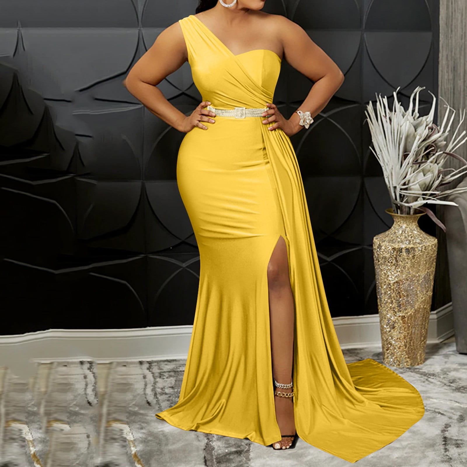 Aayomet Sun Dresses Women Summer Women One Shoulder Long Prom Dress Elegant  Bodycon Maxi Formal Party Evening Gowns With,Yellow L