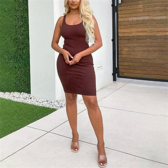 Aayomet Sundress Women's Fashion Strap Dress Knitted Thread Solid Color,Brown S