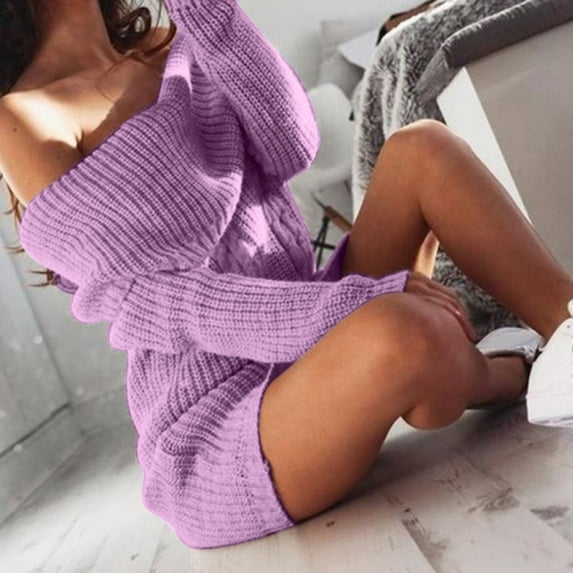 Aayomet Sweater Dress Long Women's Puff Sleeve Tie Waist Sweater Dress Solid Color Soft Knitted Bodycon Mini Dress,Purple L