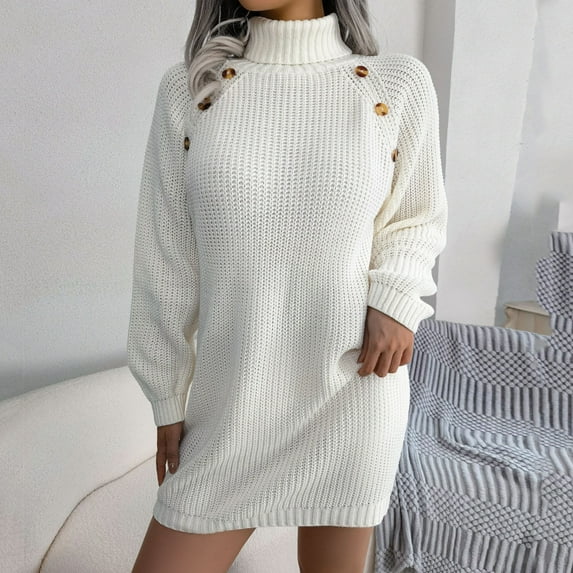 Aayomet Sweater Dress for Women Sleeve Solid Knit Turtleneck Long Puff Sleeve Ribbed Knit Short Dress Sweater (White, L)