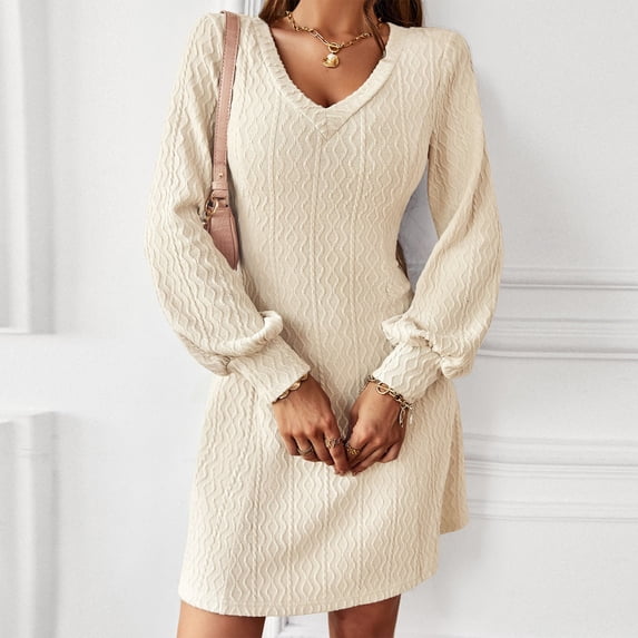 Aayomet Sweater Dresses Long Fashionable Solid V Neck Knit Dress Warm Temperament Skirt (Beige, L)
