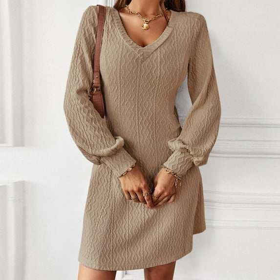 Aayomet Sweater Dresses Long Fashionable Solid V Neck Knit Dress Warm Temperament Skirt (Khaki, L)
