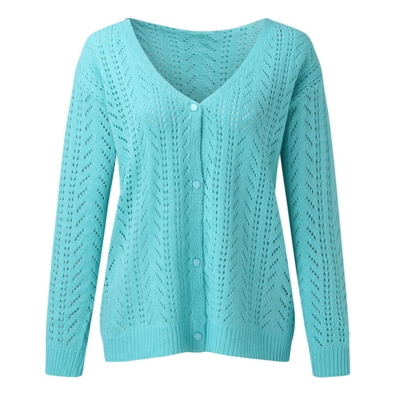 Aayomet Sweaters For Women Women's Long Sleeve Button Down Cardigan Crew Neck Soft Knit Sweaters,Light Blue XXL