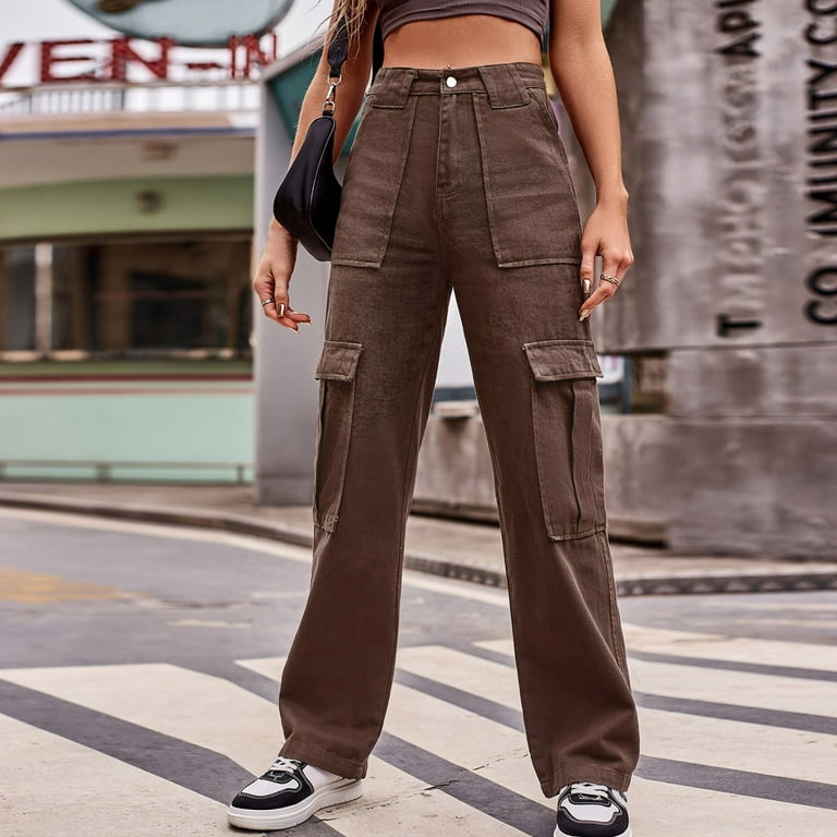 Aayomet Sweatpants Women Women Casual High Waisted Cargo Pants Wide Leg  Casual Denim Women Business Casual Pants plus Size,Coffee XL