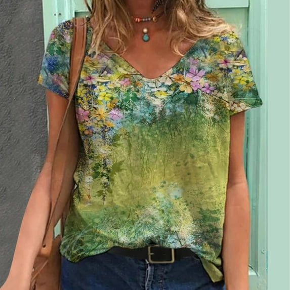 Aayomet T Shirts For Women Women's Short Sleeve V-Neck Graphic T-Shirt,Yellow M