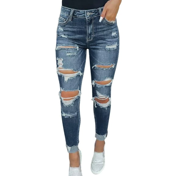 Aayomet Tall Womens Clothes Women'S Solid Color High Waist Hole Thin Fashion Denim Pants,Blue M