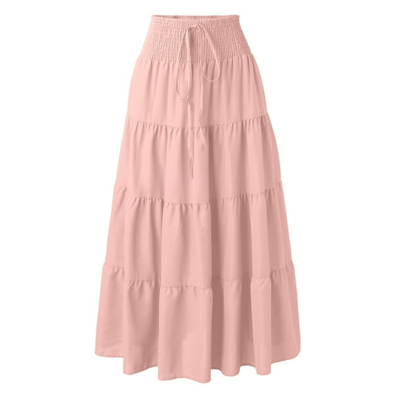 Aayomet Tennis Skirts For Women Women's Summer Elastic High Waist Boho Maxi Skirt Casual Drawstring A Line Long Skirt,Pink Large
