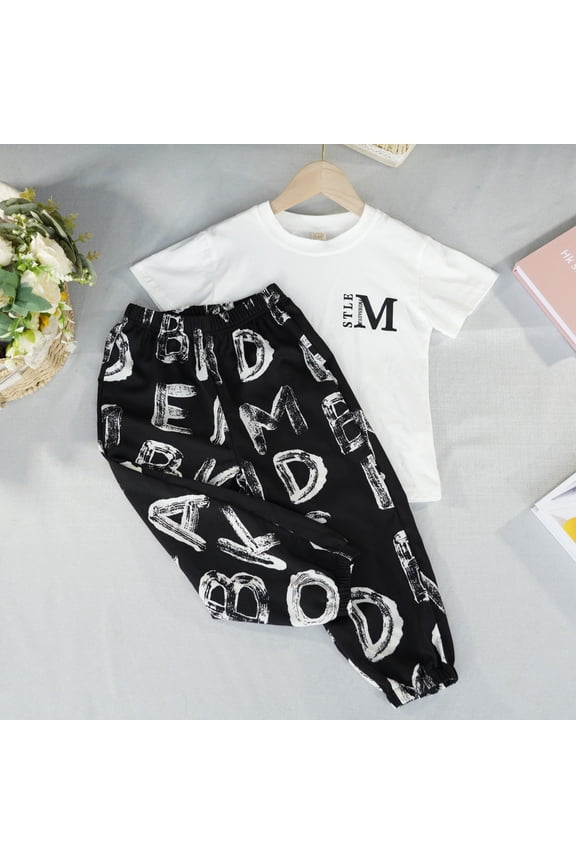 Toddler Girl Clothes Sleeve Kids Letters Prints Top Outfits Set Pants Girls Outfits Set (Black, 7-8 Years)