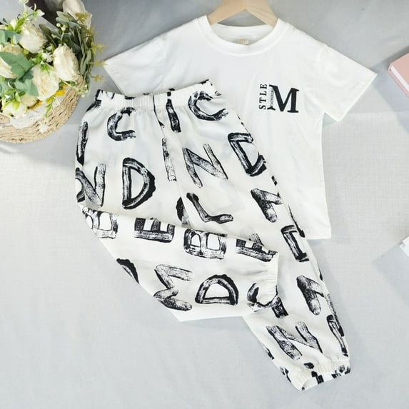 Aayomet Toddler Girl Clothes Sleeve Kids Letters Prints Top Outfits Set Pants Girls Outfits Set (White, 9-10 Years)