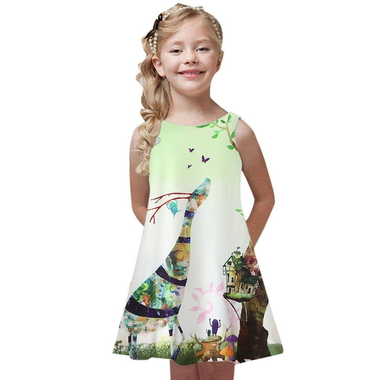 Aayomet Teen Dresses Toddler/Girls Short Sleeve Casual A-Line Twirly Skater  Dress for School Party,Green 3-4 Years