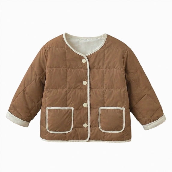 Aayomet Toddler Winter Coats Contrast-Trim Quilted Button Jacket for Kids Padded Cardigan (Coffee,4-5 Years)
