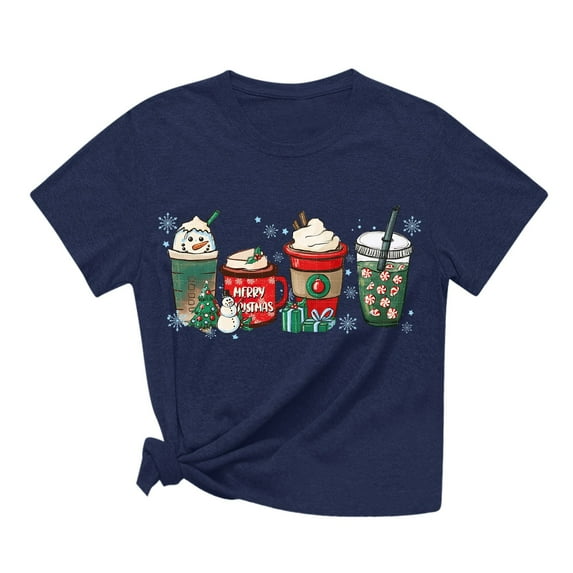 Aayomet Tops For Women Casual Fall Women's Size Plus Printed Short-Sleeve V-Neck T-Shirt,Navy XL