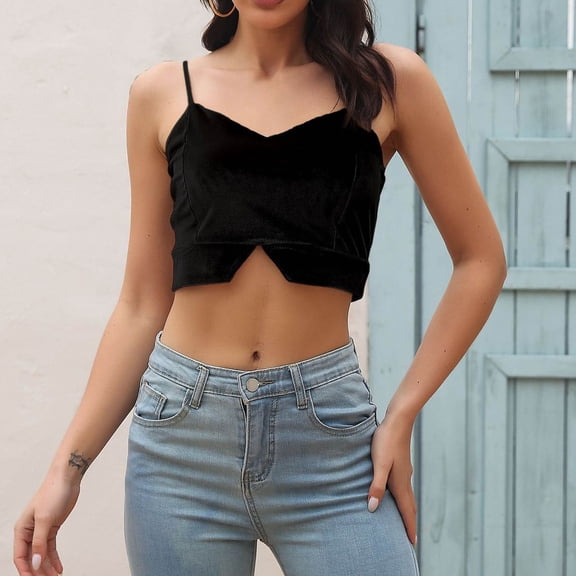 Aayomet Tops For Women Women's Deep V Neck Halter Tie Back Sleeveless Backless Cami Crop Top,Black XL