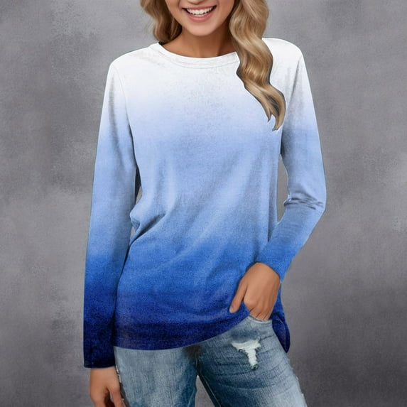 Aayomet Tops for Women Long Sleeve Comfortable Gradient Print Blouse Tops Casual Long Sleeve Tunic Round Neck (Sky Blue, M)
