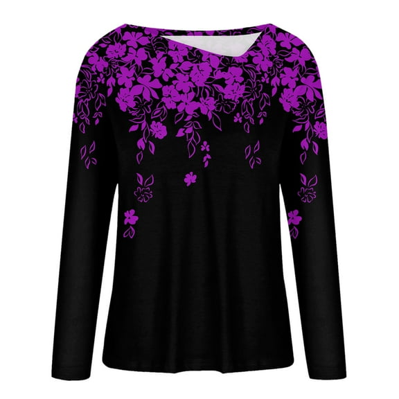 Aayomet Tops for Women Women's 2024 Fall Winter Casual Tops Long Sleeve Crewneck T-Shirts Loose Comfy Blouse,Purple L