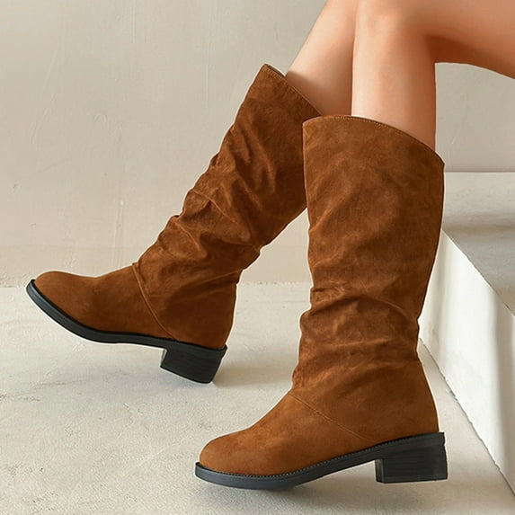 Aayomet Winter Boots for Women Plush Insulation Solid Color Suede Thick Heeled Long Boots (Brown, 6.5)