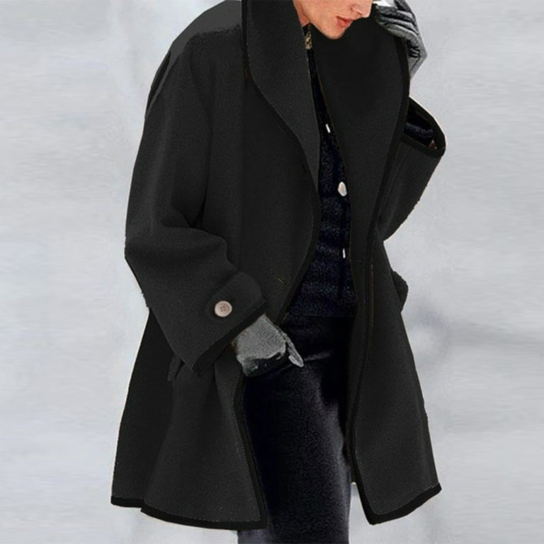 Aayomet Winter Coat Women's Jackets Trendy Long Sleeves Lapel Mid-Length  Button Woolen Coat Solid Slim Fit Mid Length Jacket,Black XL