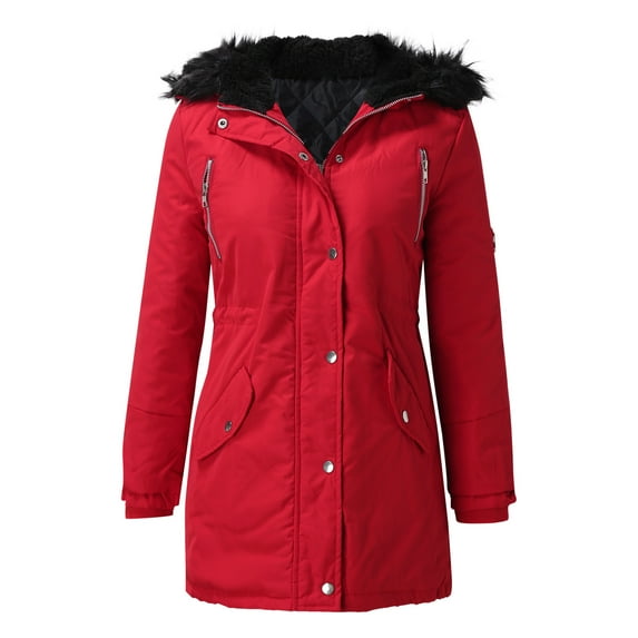 Aayomet Winter Coat Women's Winter Long Casual Jacket, Hooded Zip Warm Parker, Slim Fit Long Sleeve Pocket Coat,Red XL