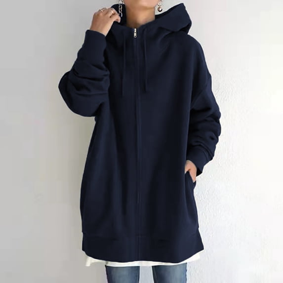 Aayomet Winter Jackets for Women Loose Solid Color Streetwear Pocket Zipper Drawstring Long Sleeved Hoodie (Dark Blue, S)