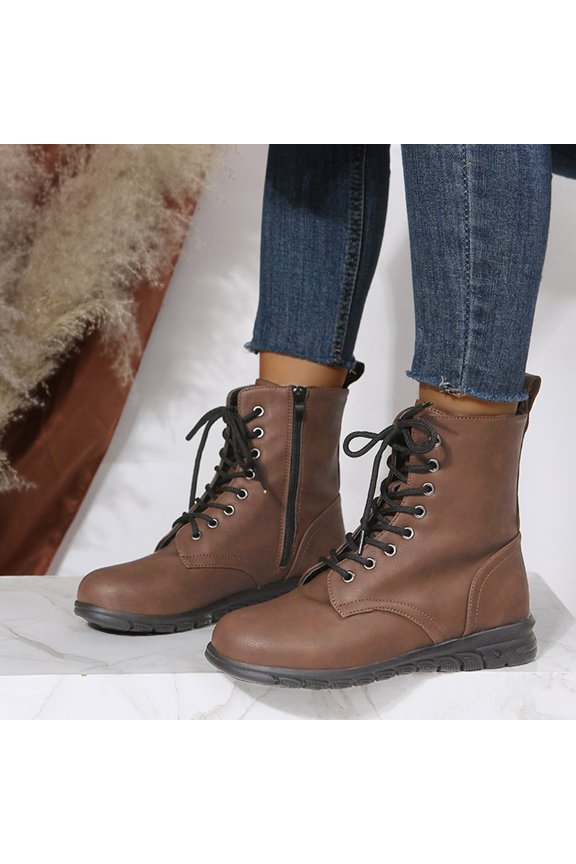 Woman Boots Boots Women's Autumn and Winter New Women's Short Boots Women's Flat Bottom Lace Up (Brown, 9)