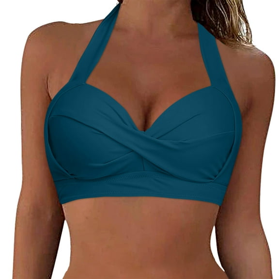 Aayomet Bikini Tops for Women Solid Color Cropped Tankini Tops No Underwire Athletic Beach Padded Knot Twist Cut Out Adjustable Tank Swimwear Top Only (Navy, M)